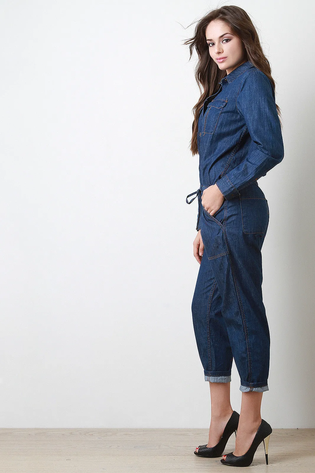 Denim Button-Up Capri Jumpsuit