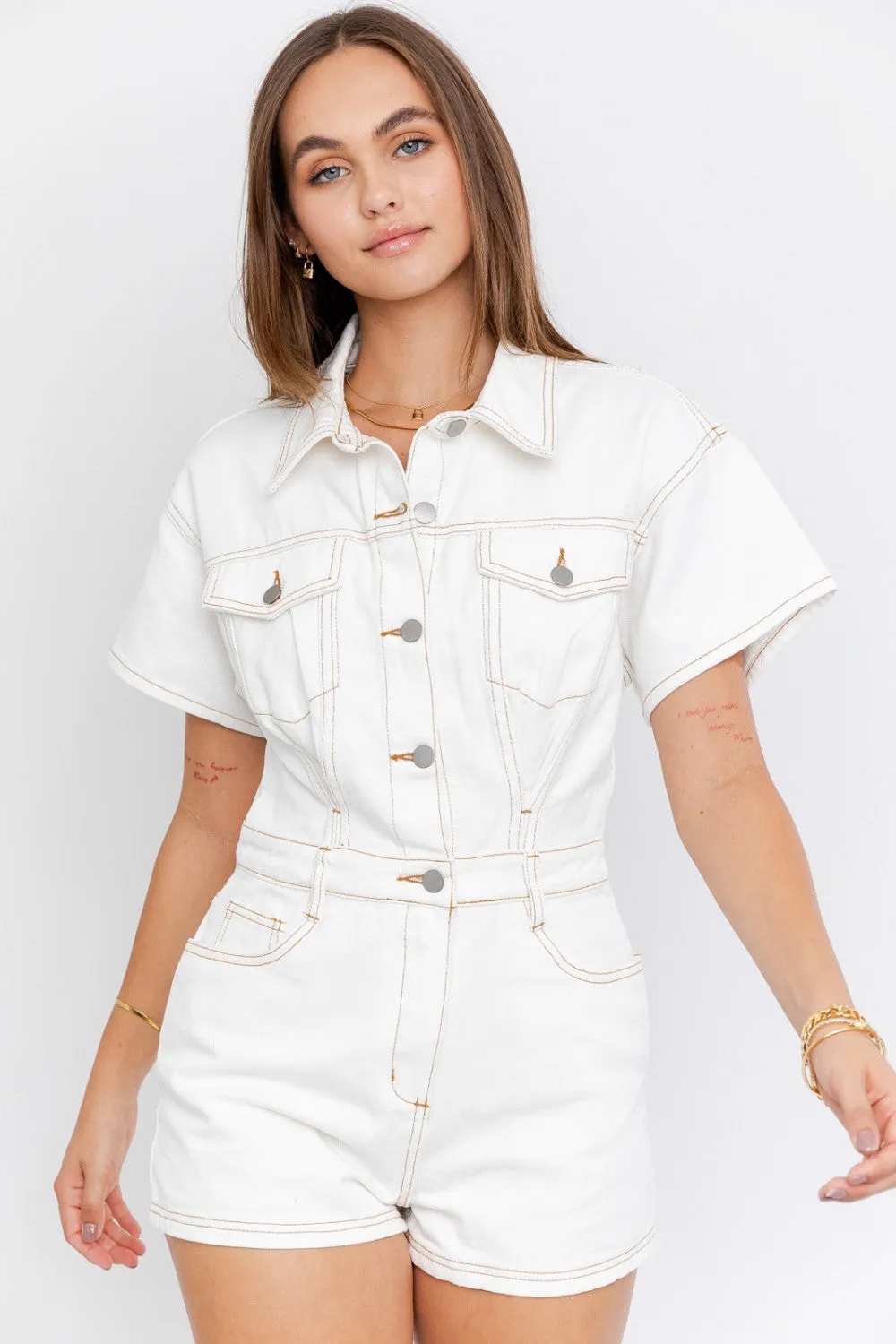 denim doll romper- white