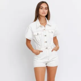 denim doll romper- white