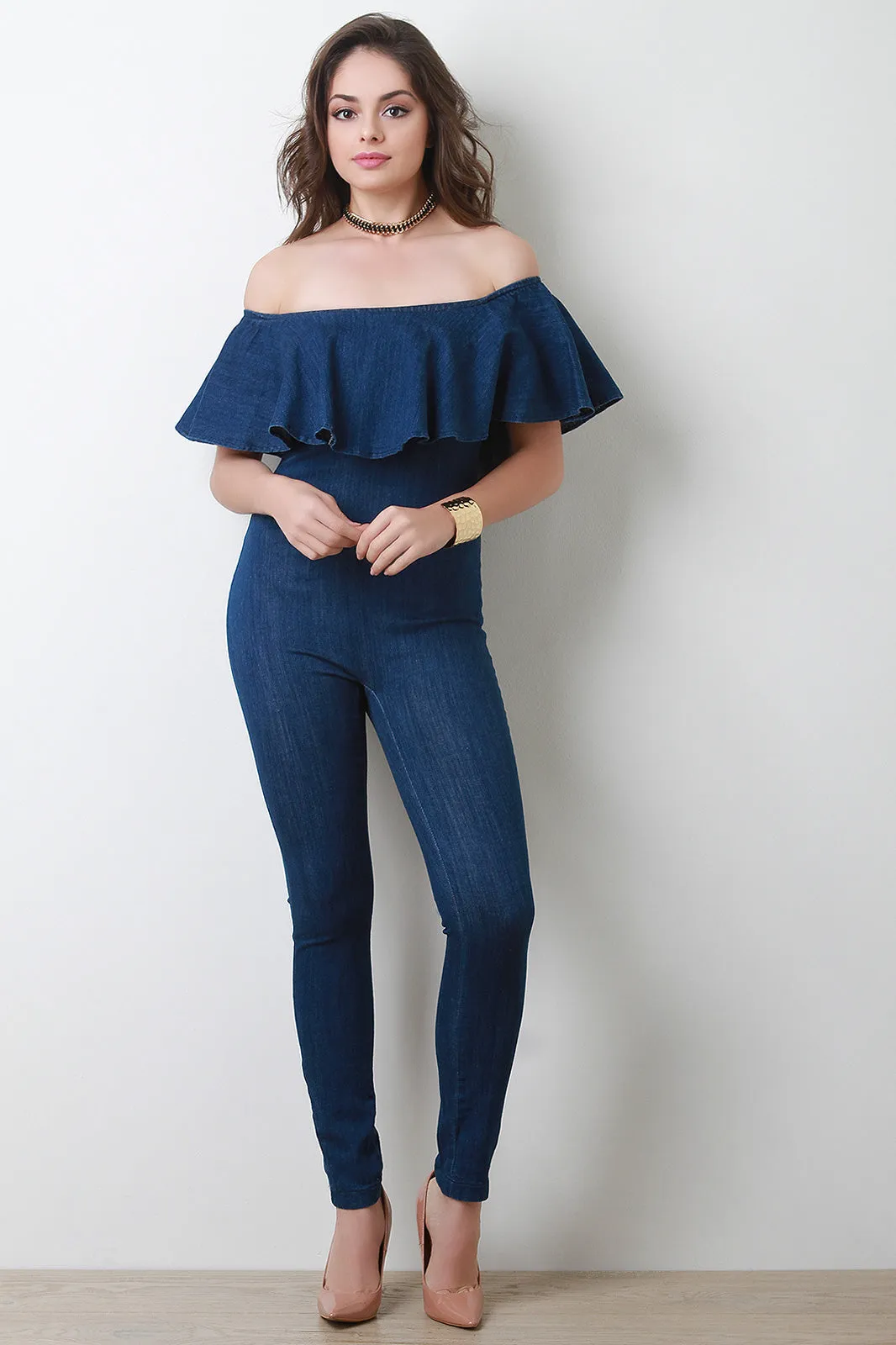 Denim Off-The-Shoulder Ruffle Fitted Jumpsuit