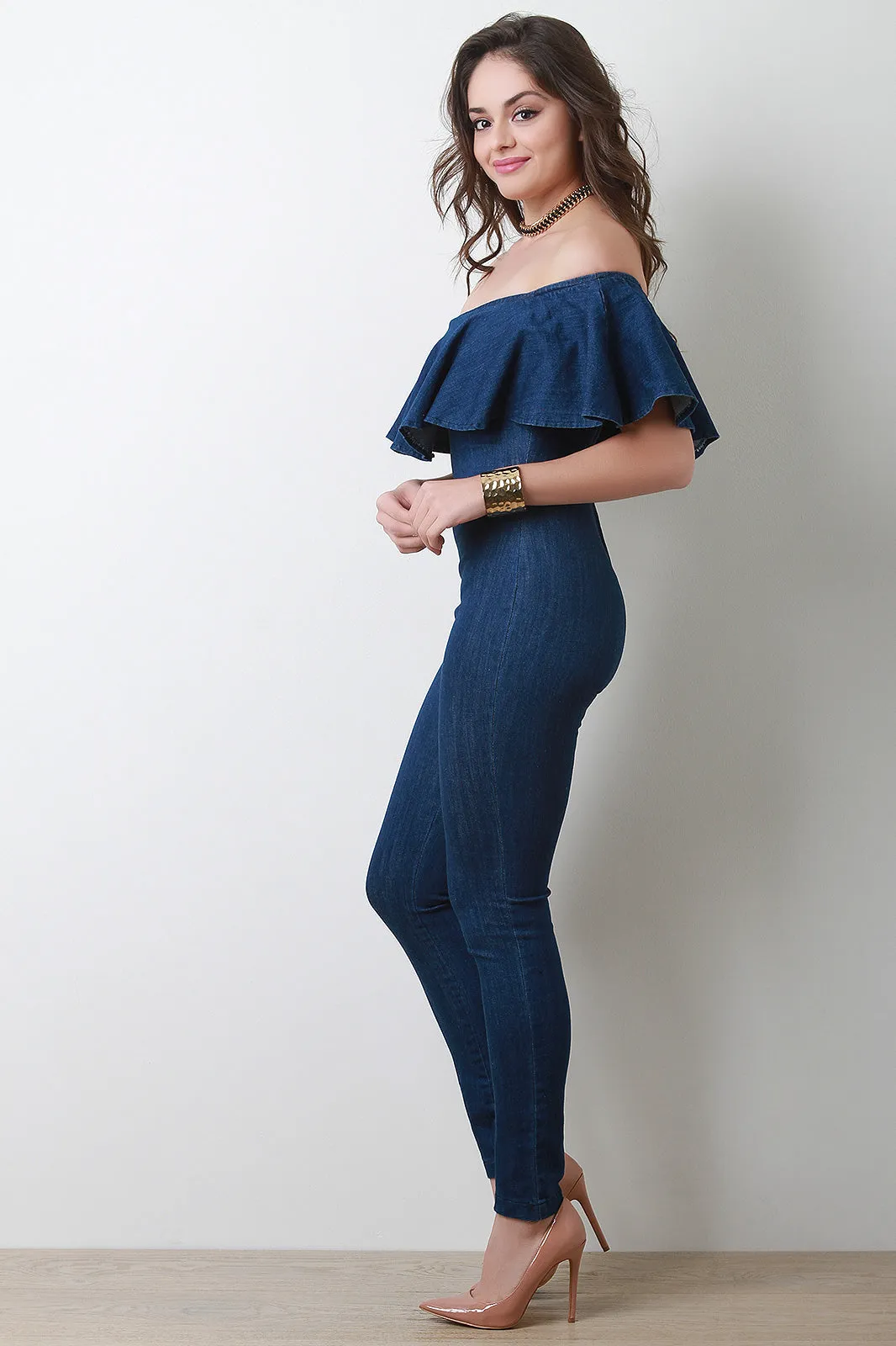 Denim Off-The-Shoulder Ruffle Fitted Jumpsuit