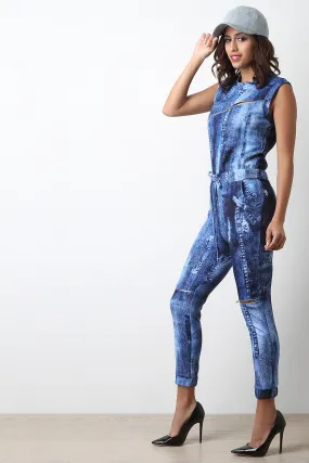 Denim Print Mock Neck Zippered Jumpsuit