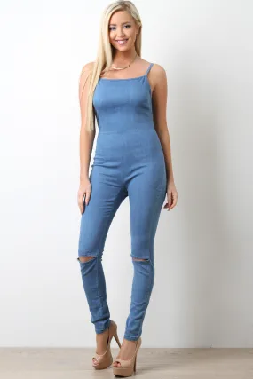 Denim Square Neck Spaghetti Strap Knee Slit Jumpsuit