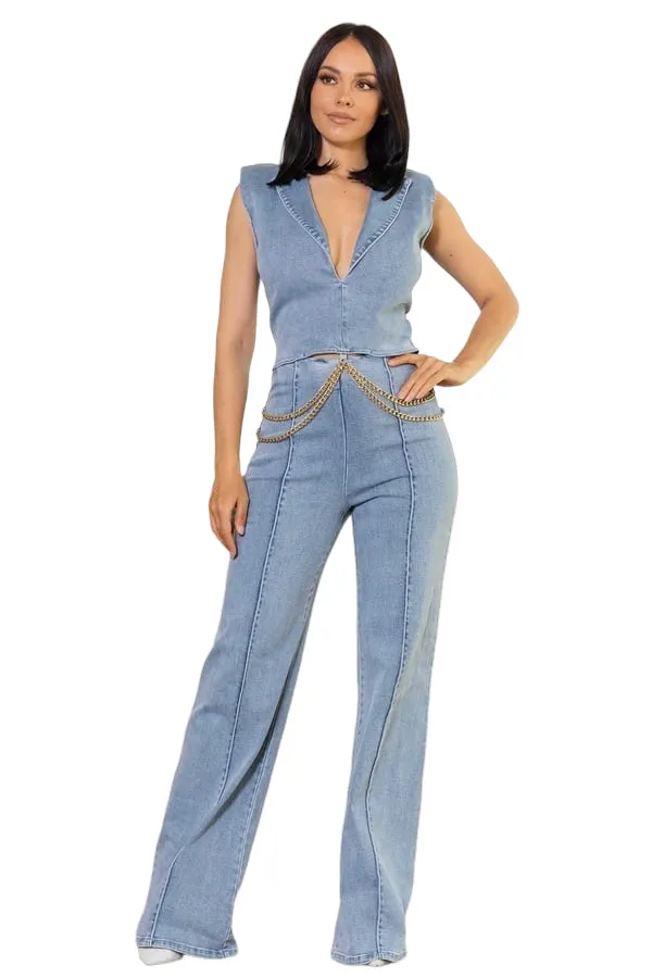 Denim stretch fashion jumpsuit