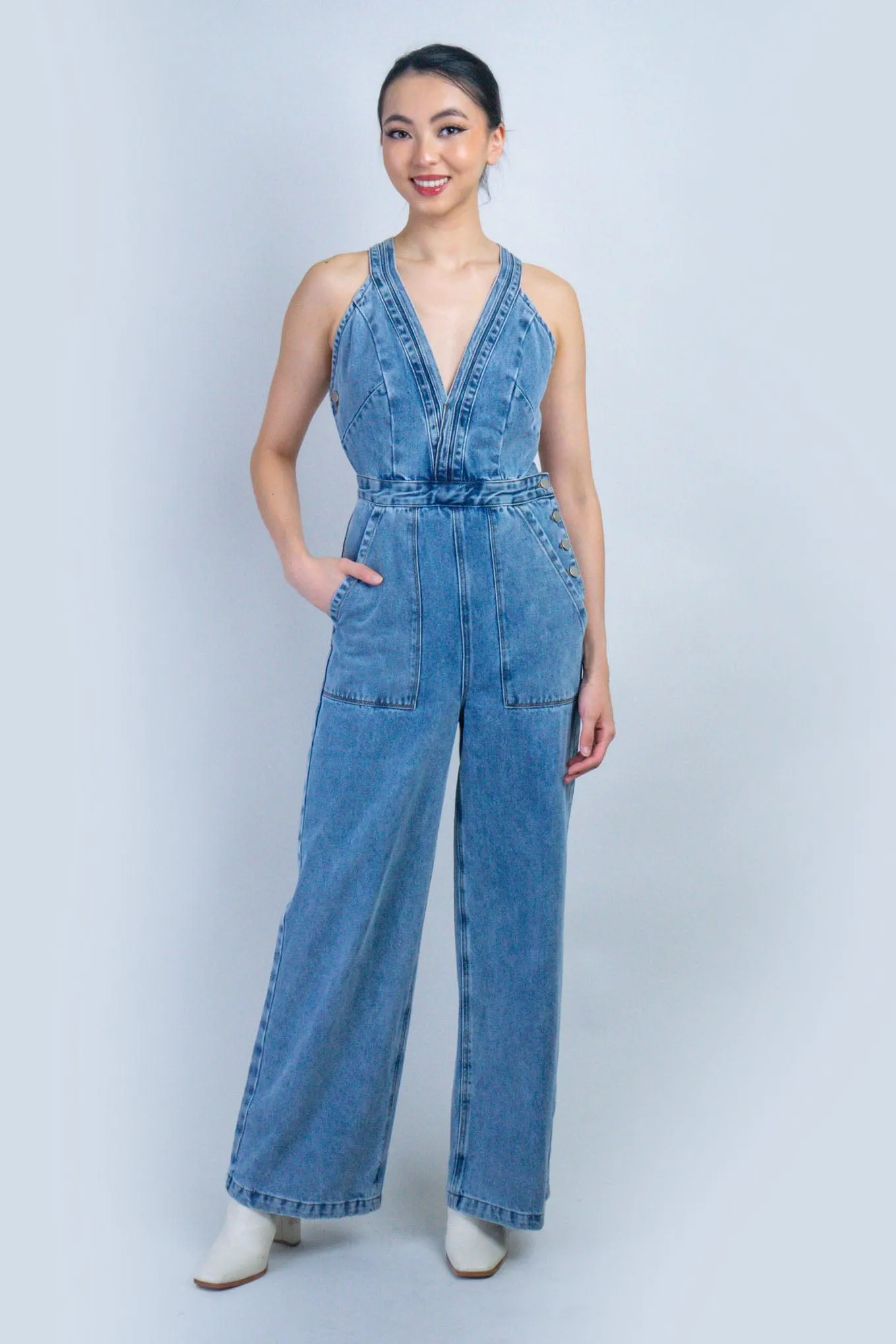 Denim V Neckline Jumpsuit