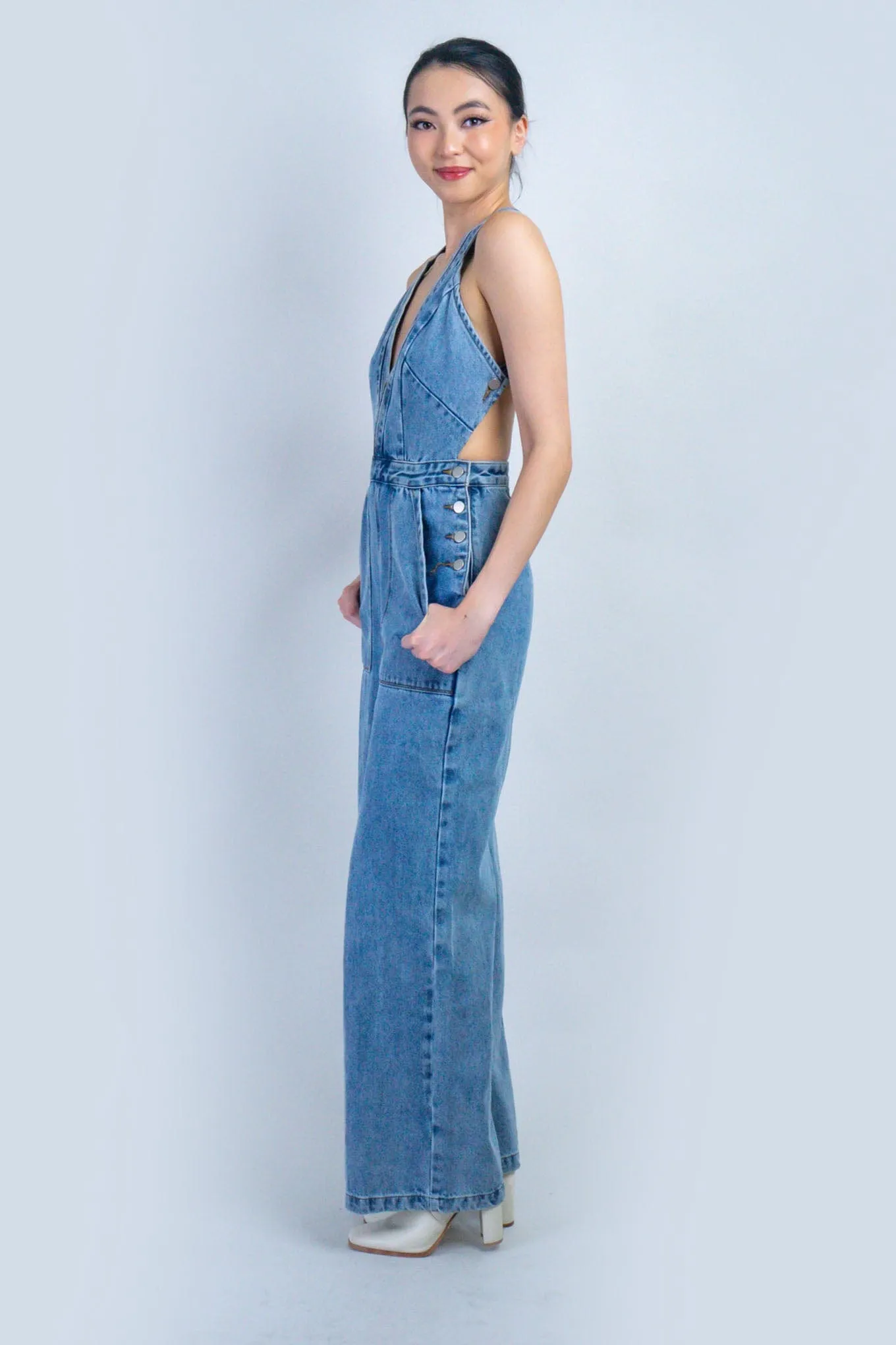 Denim V Neckline Jumpsuit