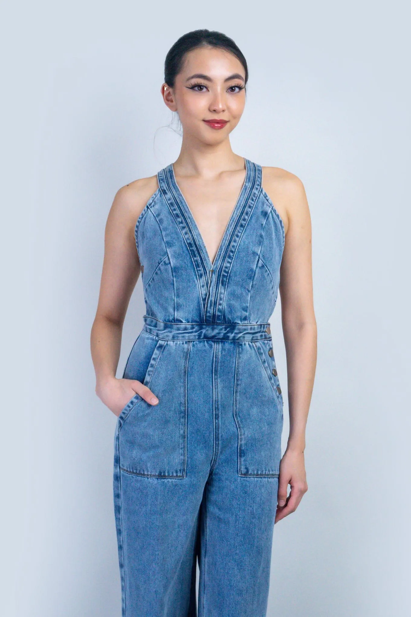 Denim V Neckline Jumpsuit