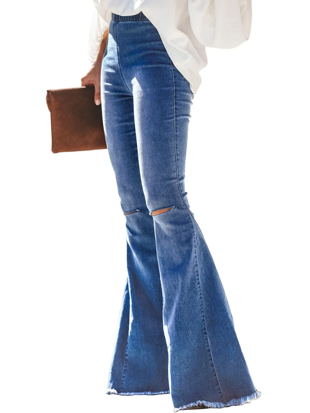 Elastic Waist Distressed Flared Long Bell Bottom Denim Jeans