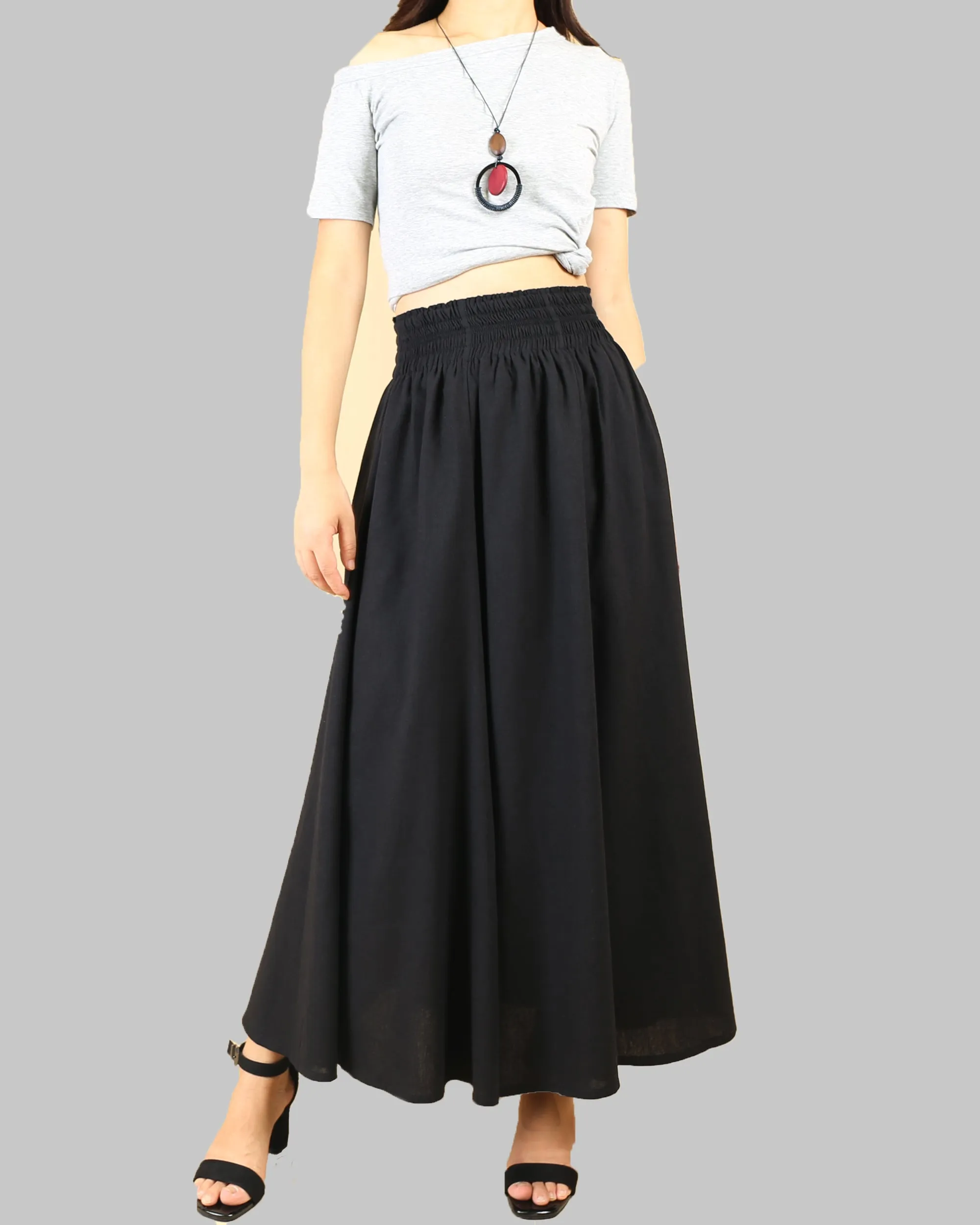 Elastic waist skirt, high waist skirt, linen skirt, maxi skirt, long skirt, flared skirt(Q1989)