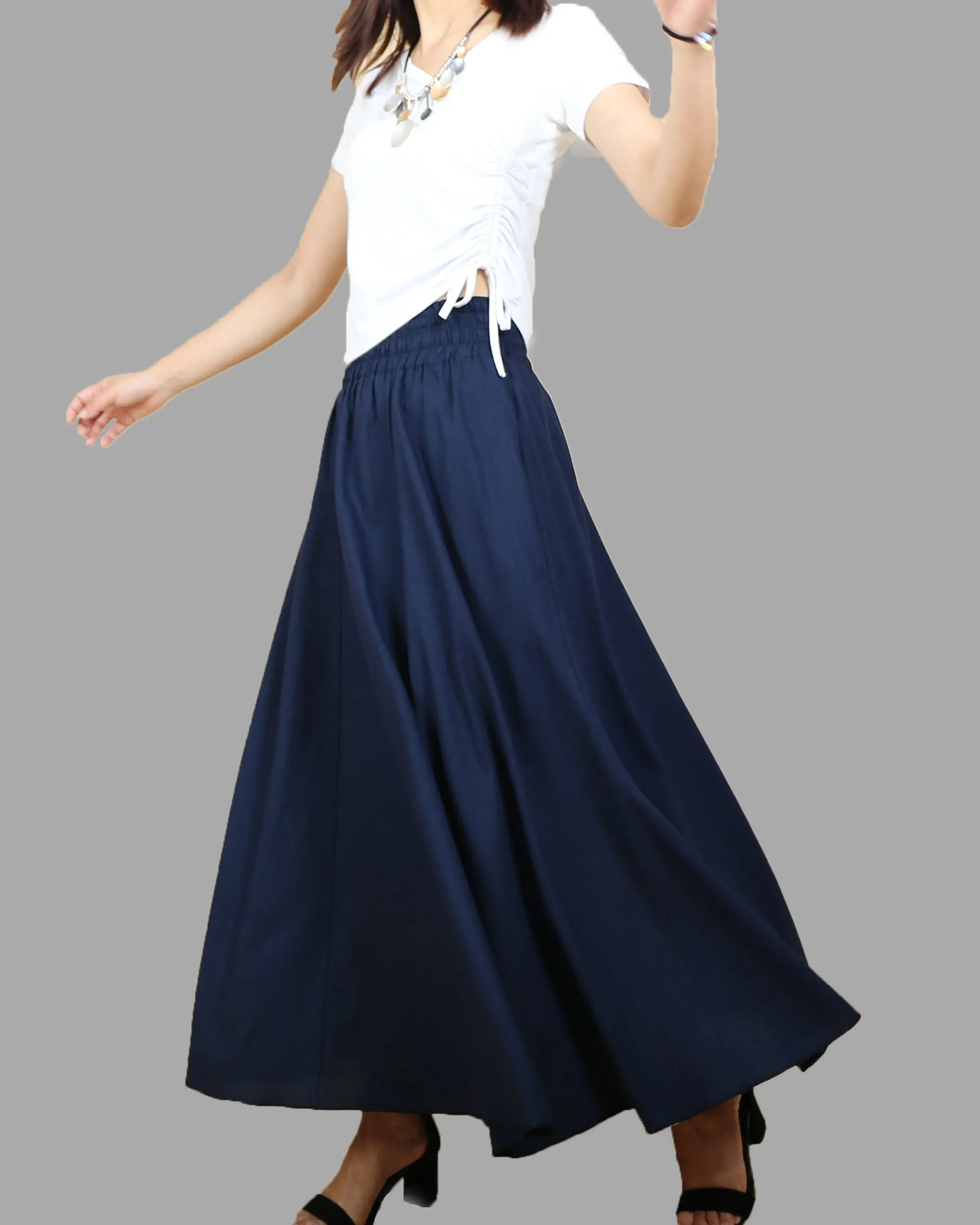 Elastic waist skirt, high waist skirt, linen skirt, maxi skirt, long skirt, flared skirt(Q1989)