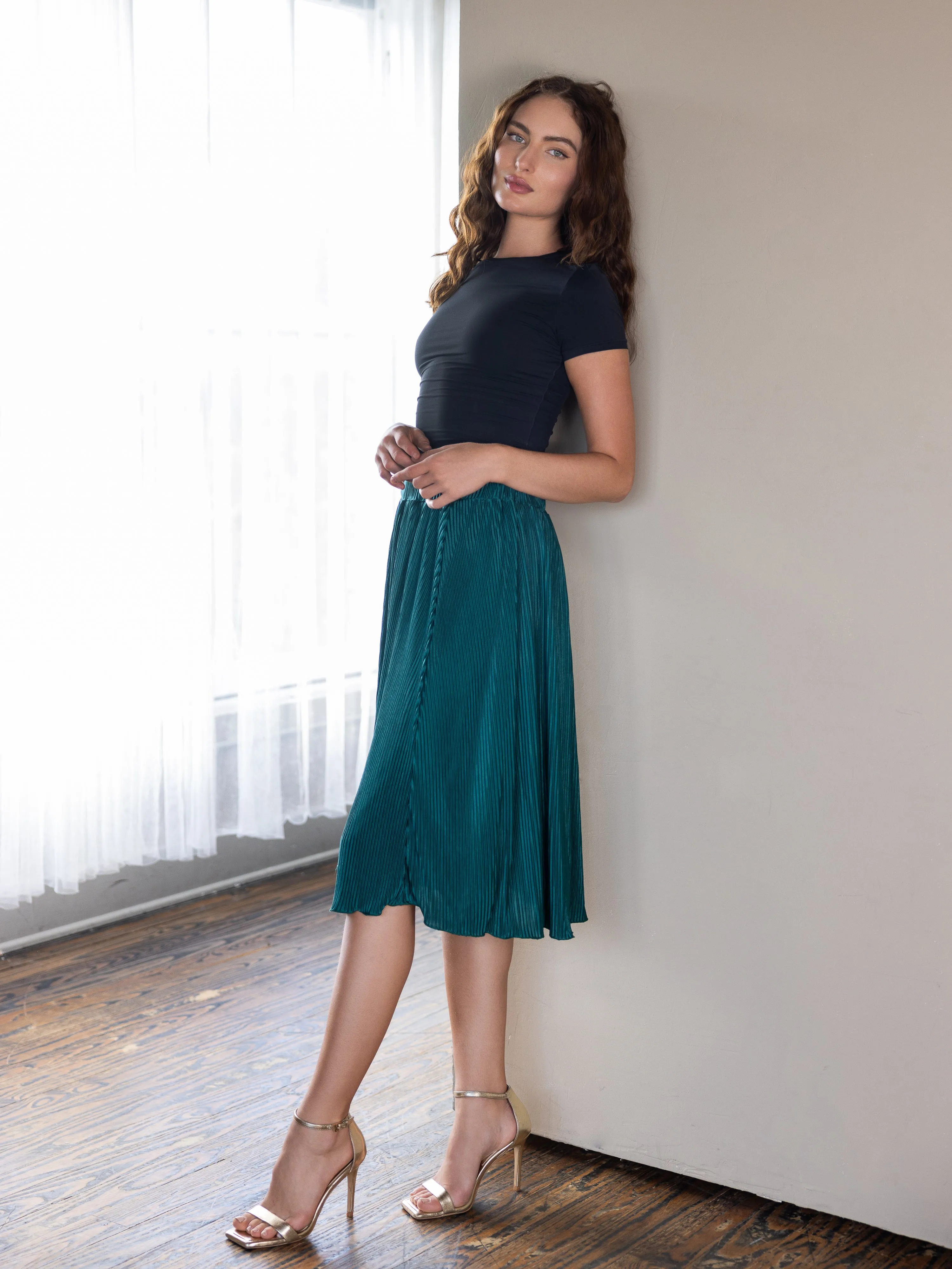 Elegant Accordion Pleated Elastic Waistband Party Midi Skirt