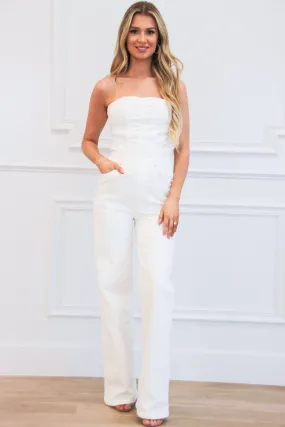 Ellis Strapless Denim Jumpsuit: Off White