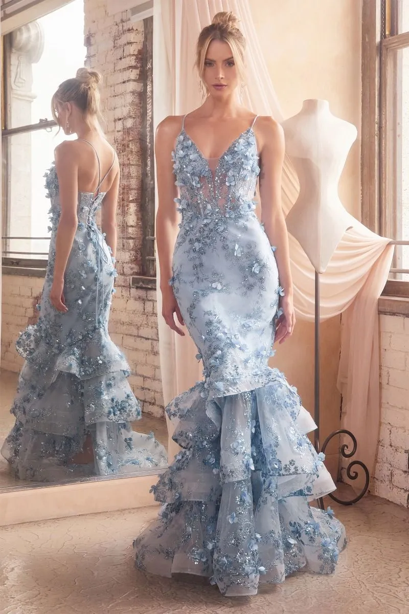 Everlasting Prom Dress Floral Appliqued Mermaid Gown 7402288TTR-Blue Cinderella Divine CC2288   LaDivine CC2288