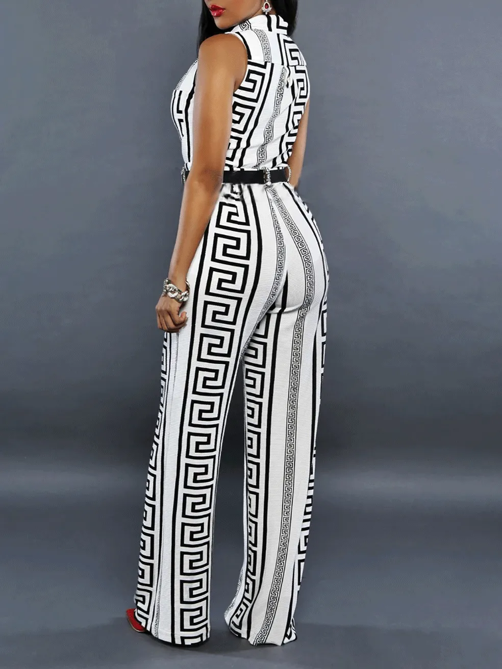 Fashion Printed V-Neck Button Jumpsuit