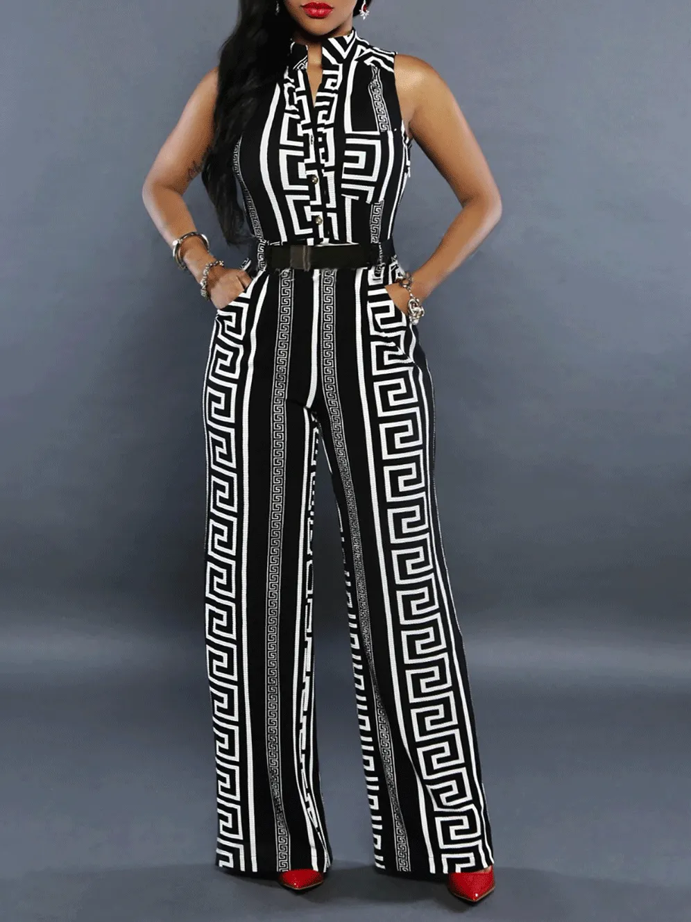 Fashion Printed V-Neck Button Jumpsuit