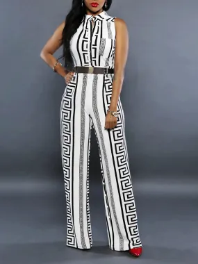 Fashion Printed V-Neck Button Jumpsuit