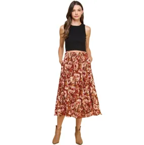 Floral Layered Maxi Skirt -  Red/Brown - Made in USA