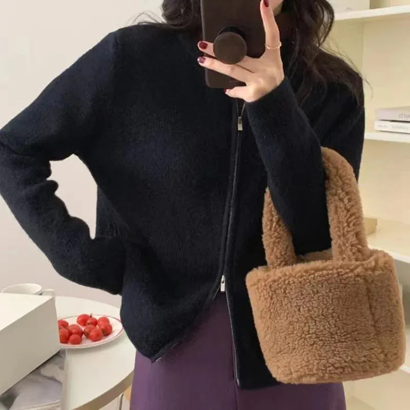 Flytonn-Modern versatile double zipper cashmere cardigan women's new fall/winter round neck knit sweater loose wool short coat