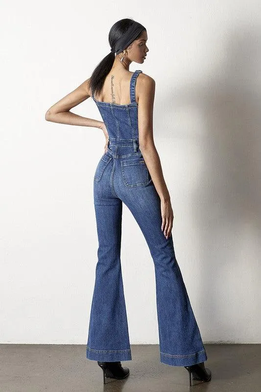 Front Button Flare Denim Jumpsuit