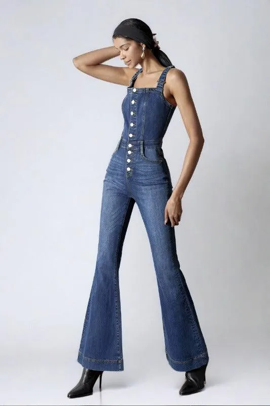 Front Button Flare Denim Jumpsuit