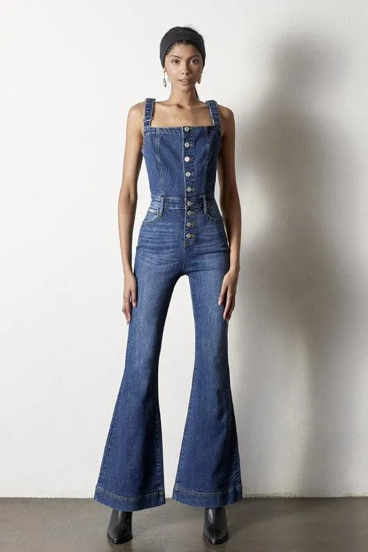 Front Button Flare Denim Jumpsuit