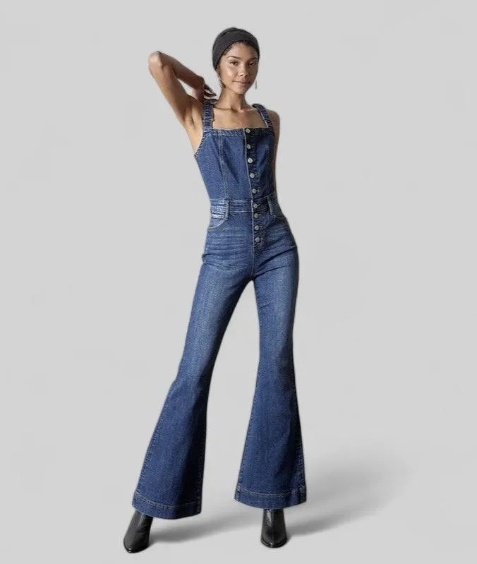 Front Button Flare Denim Jumpsuit