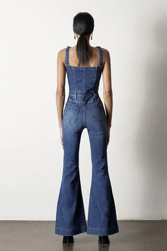 Front Button Flare Denim Jumpsuit