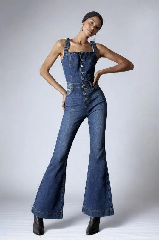 Front Button Flare Denim Jumpsuit