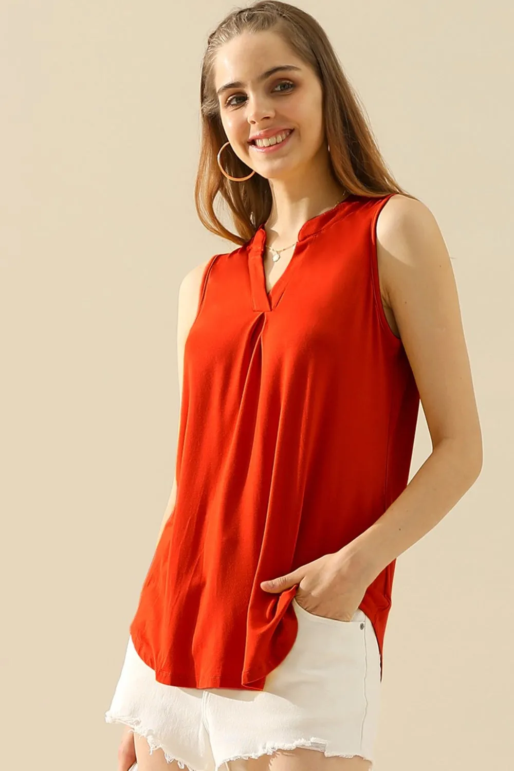 Full Size Notched Sleeveless Top