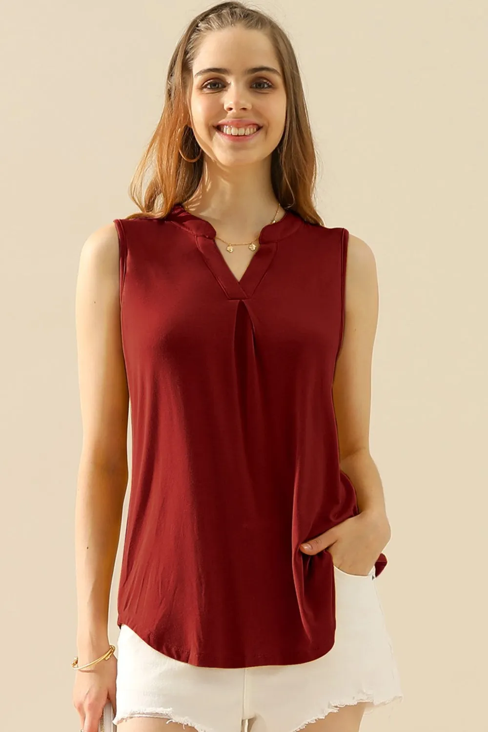 Full Size Notched Sleeveless Top