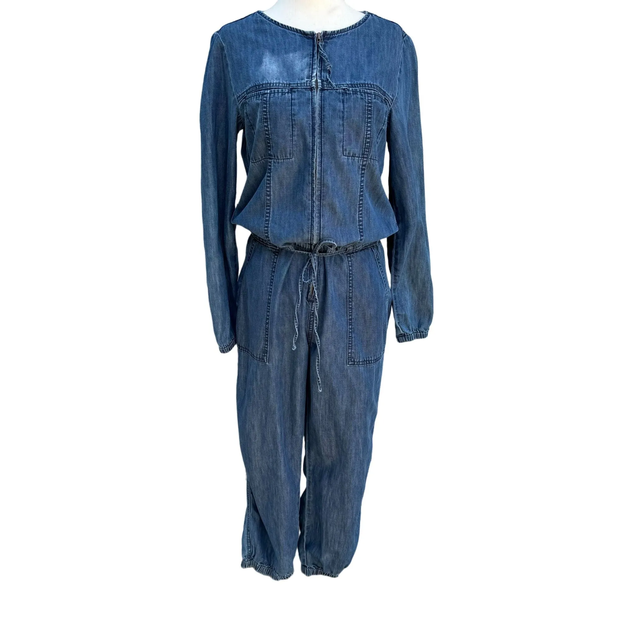 Gap Vintage Long Sleeve Drawstring Waist Zip Front Elastic Hem Denim Jumpsuit -S