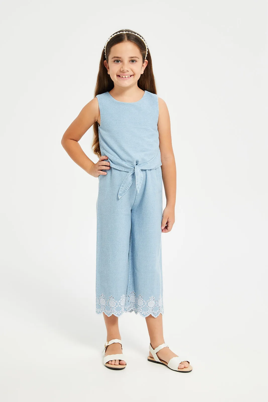 Girls Blue Denim Schiffly Hem Jumpsuit