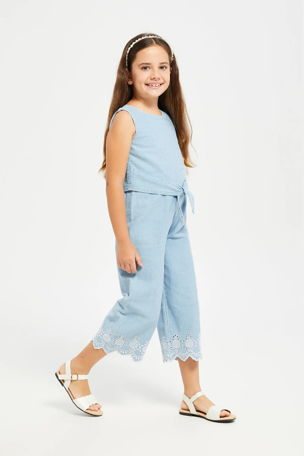 Girls Blue Denim Schiffly Hem Jumpsuit