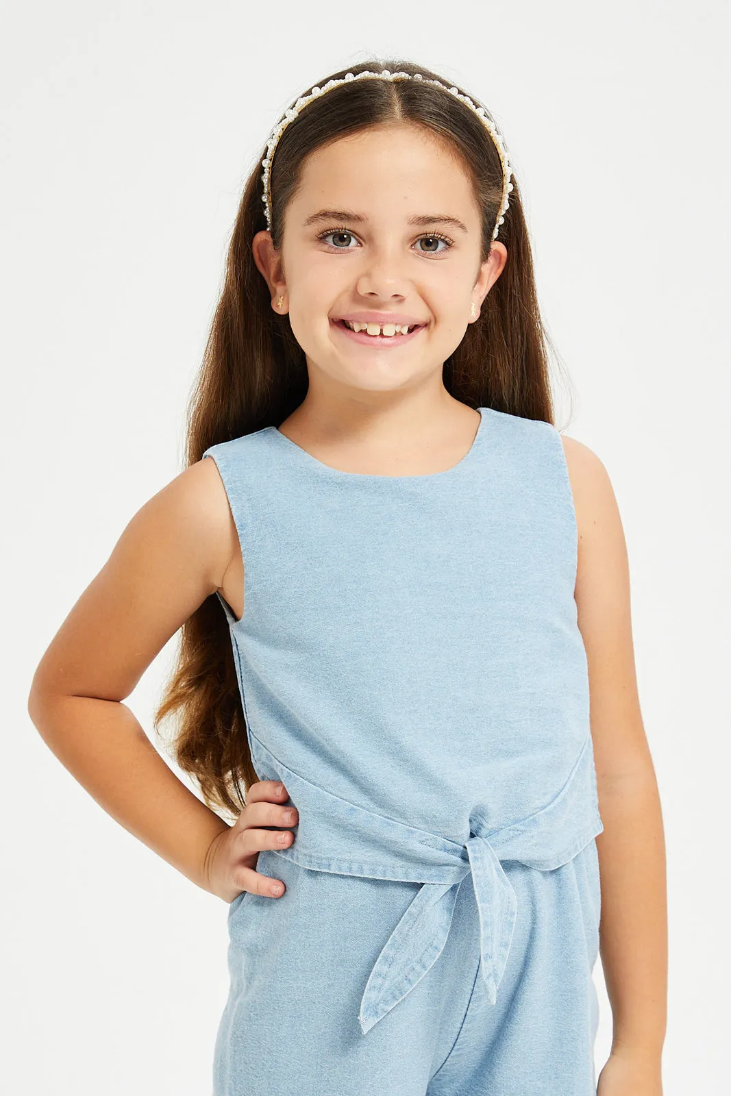 Girls Blue Denim Schiffly Hem Jumpsuit