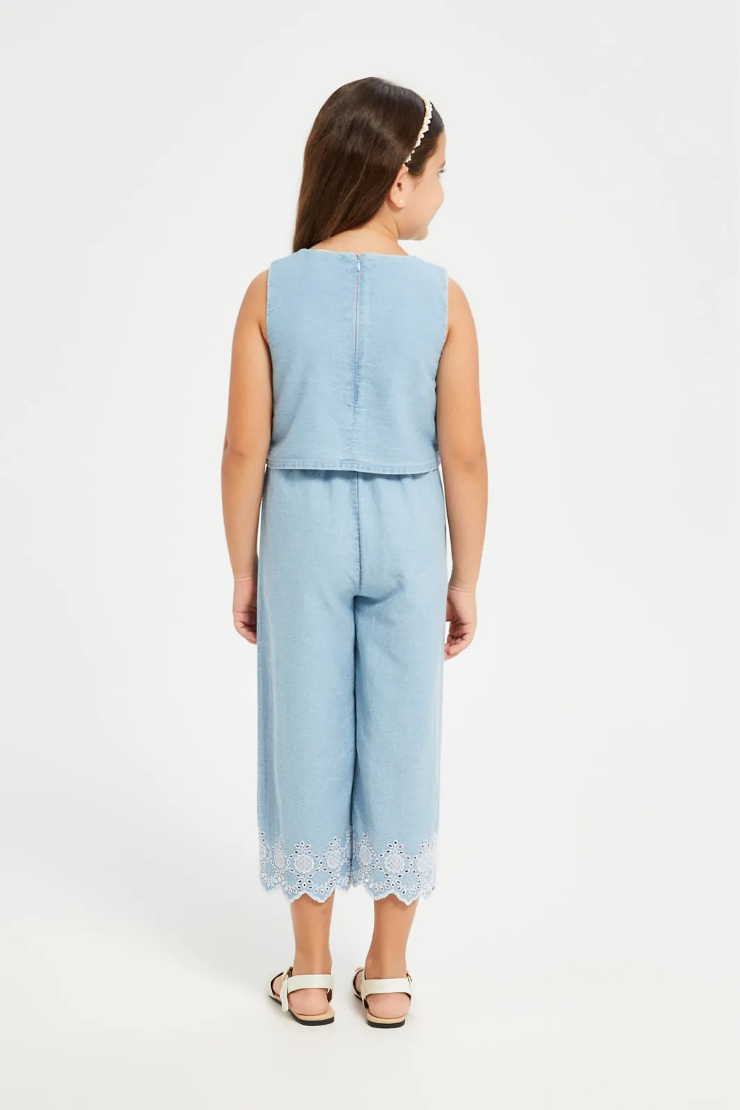 Girls Blue Denim Schiffly Hem Jumpsuit