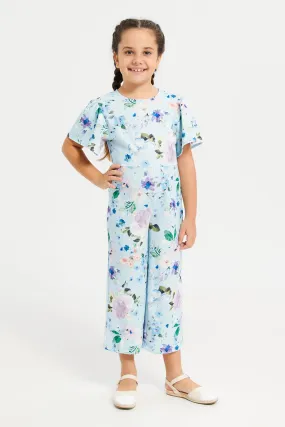 Girls Blue Floral Print Jumpsuit