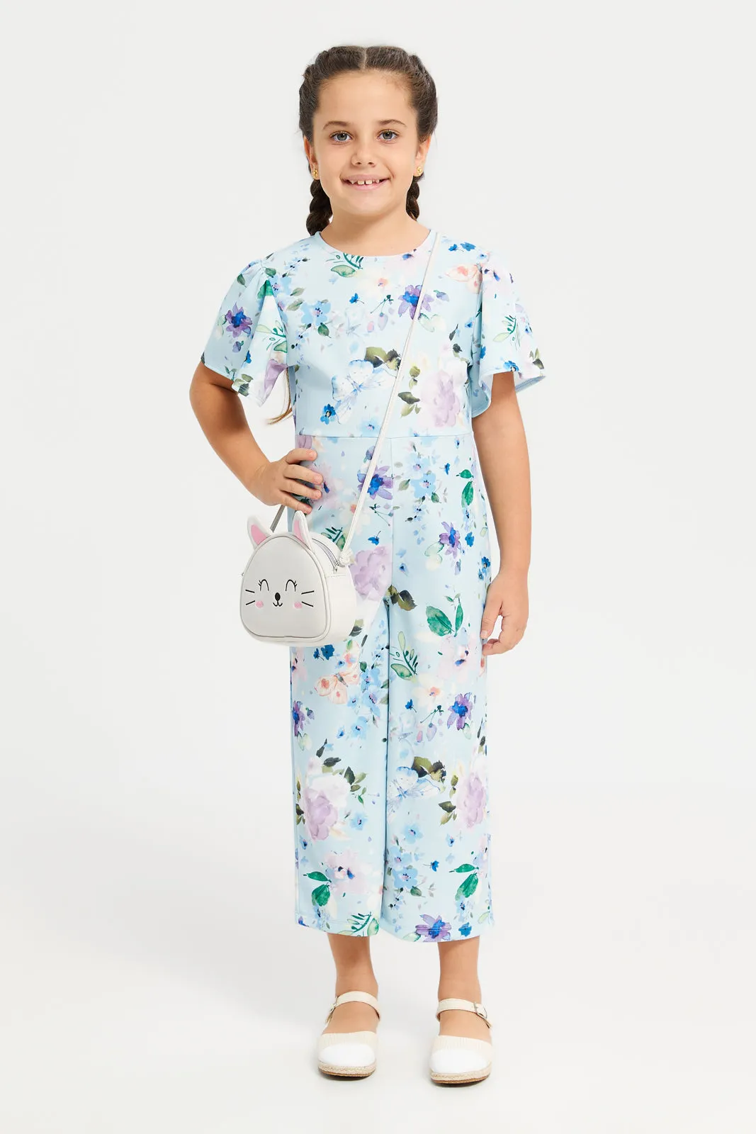 Girls Blue Floral Print Jumpsuit