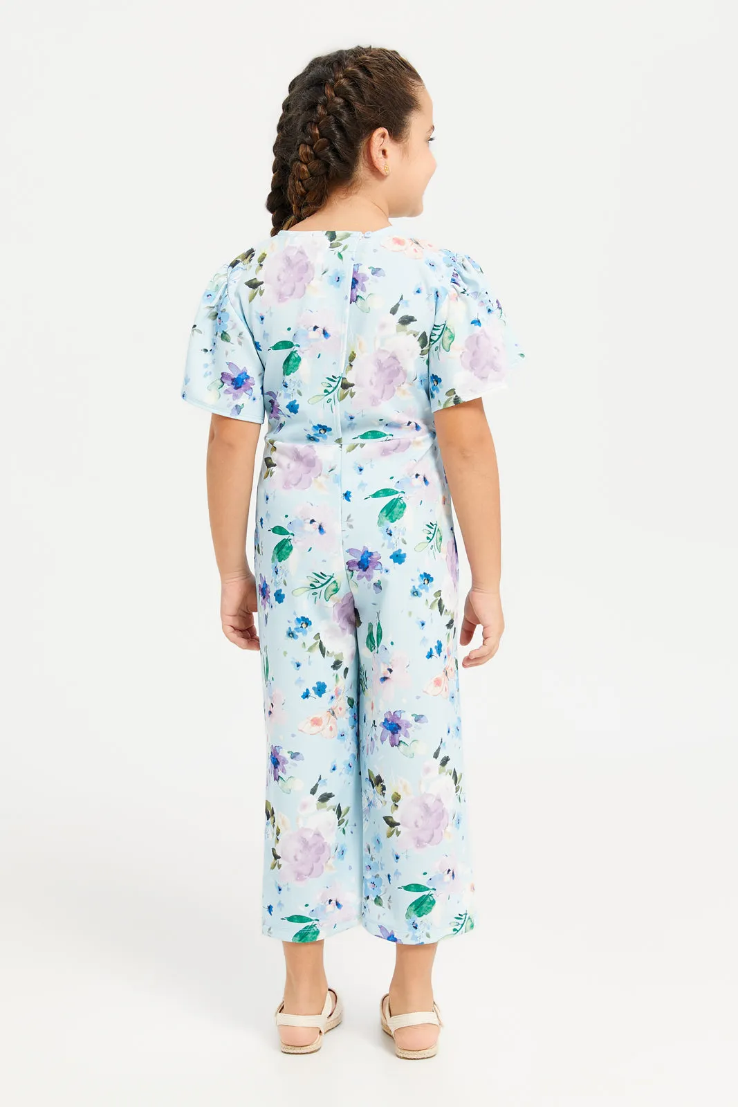 Girls Blue Floral Print Jumpsuit