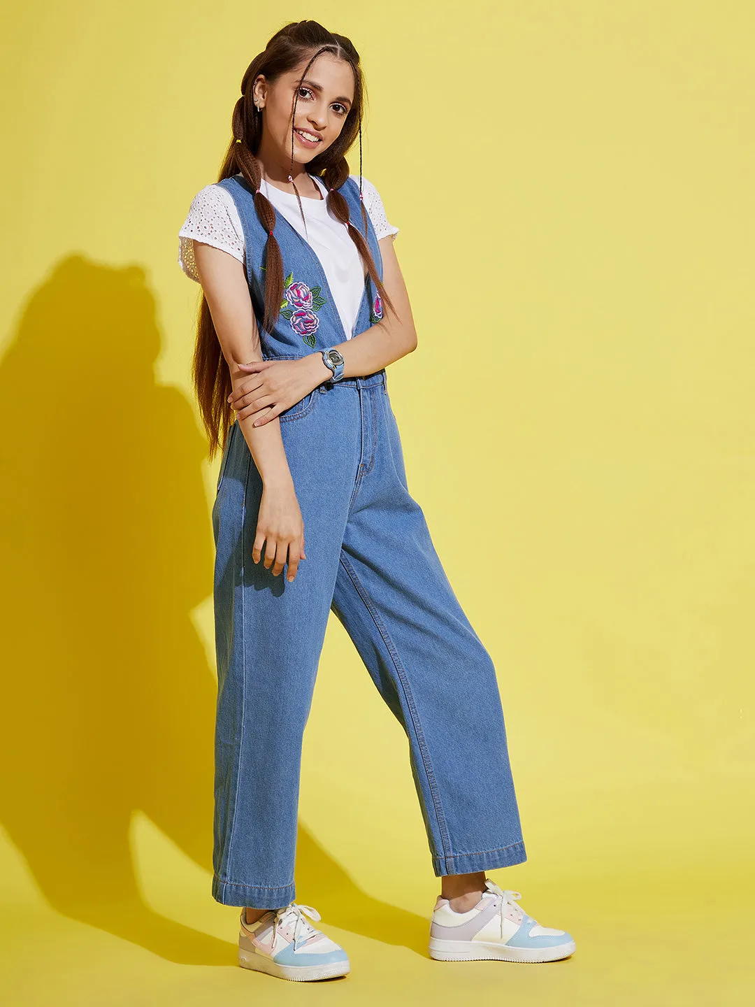 Girls Ice Blue Embroidery Denim Jumpsuit