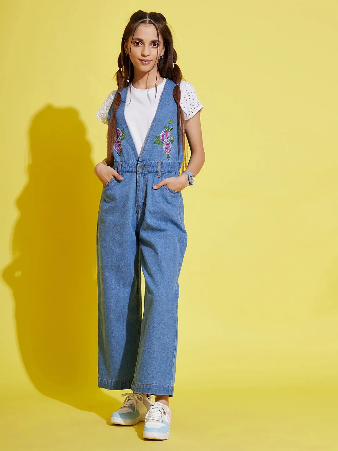 Girls Ice Blue Embroidery Denim Jumpsuit