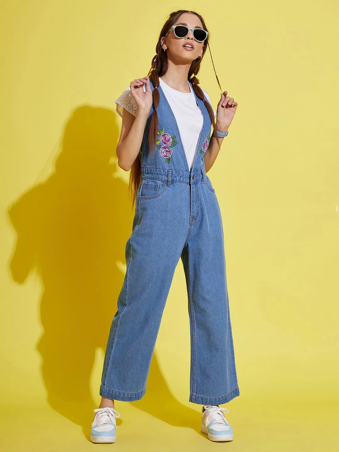 Girls Ice Blue Embroidery Denim Jumpsuit