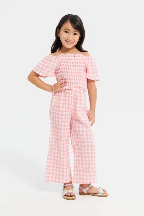 Girls Pink Checkered Jumpsuit