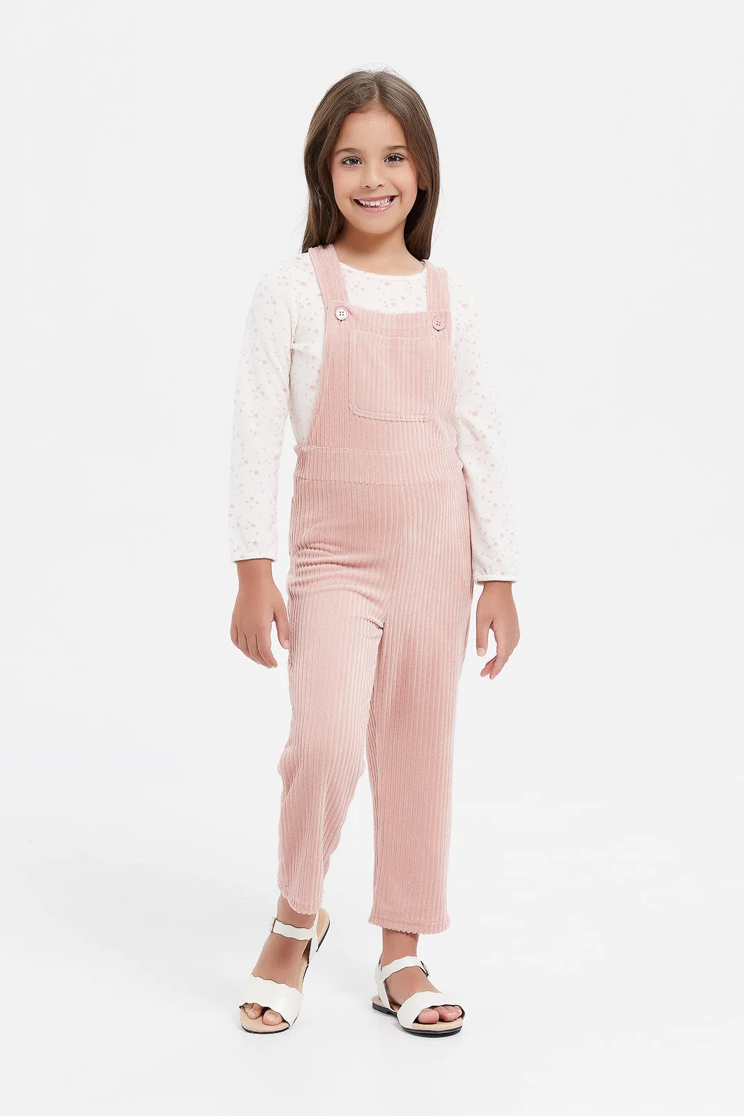 Girls Pink Velvet Jumpsuit With T-Shirt (2 Piece)