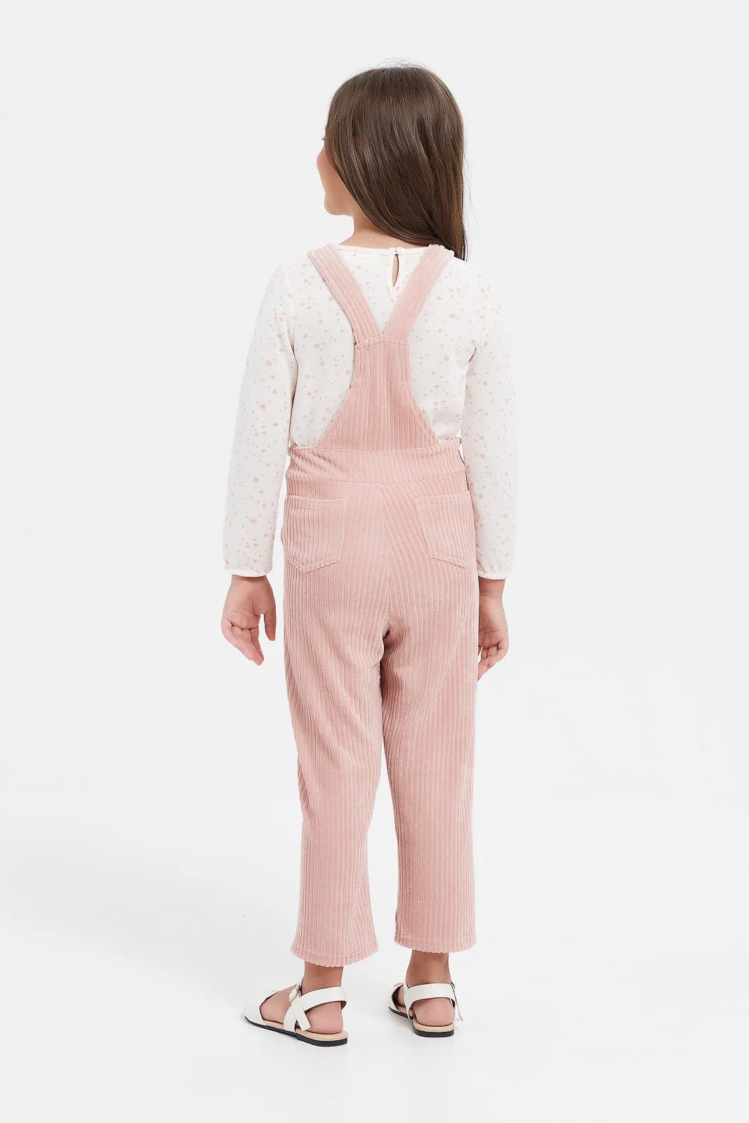 Girls Pink Velvet Jumpsuit With T-Shirt (2 Piece)