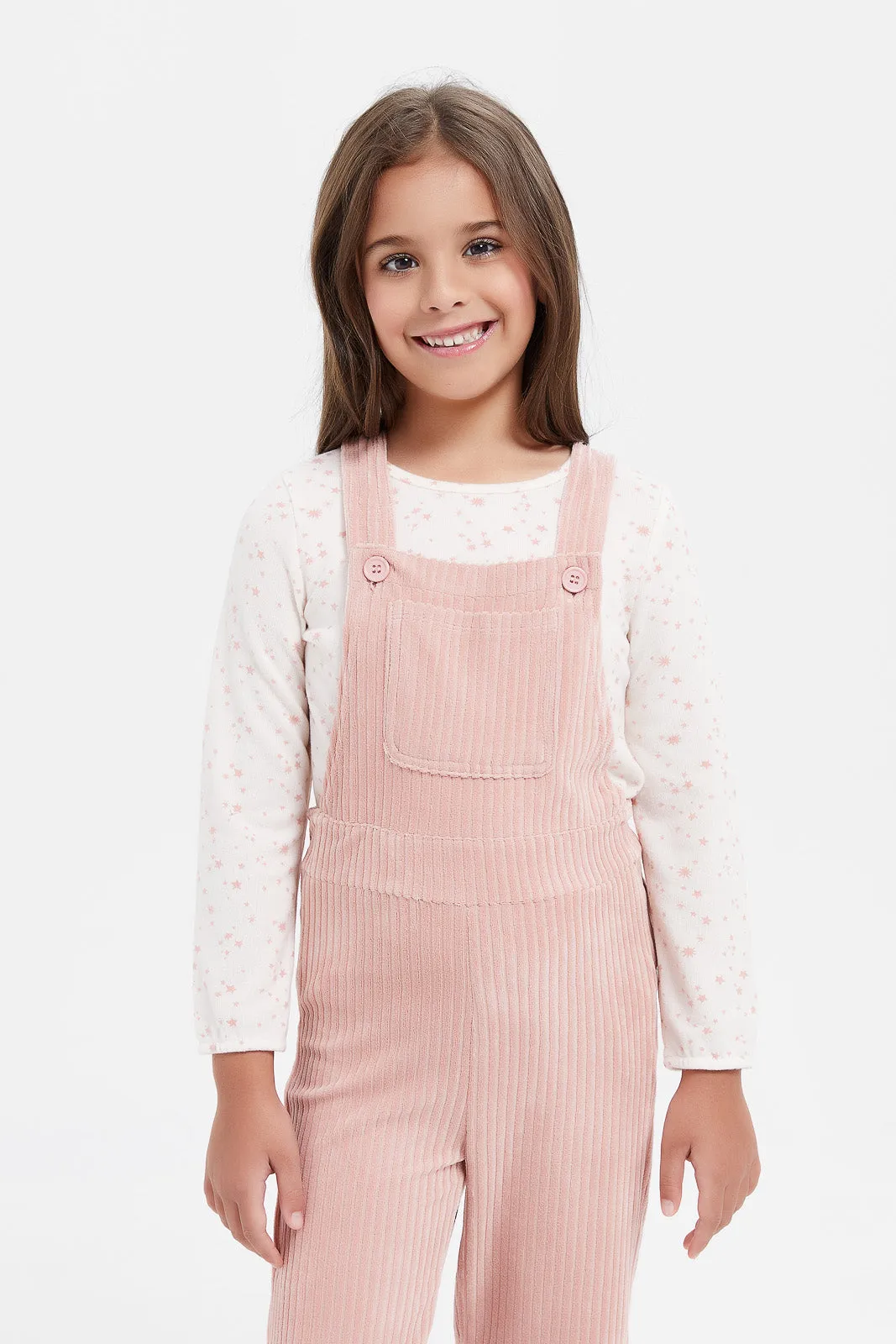 Girls Pink Velvet Jumpsuit With T-Shirt (2 Piece)