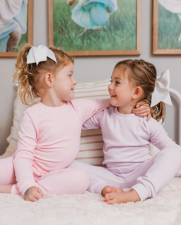 Girls Soft & Cozy Thermal 2-Piece Long Johns | Elf Green w- Light Pink Stitch