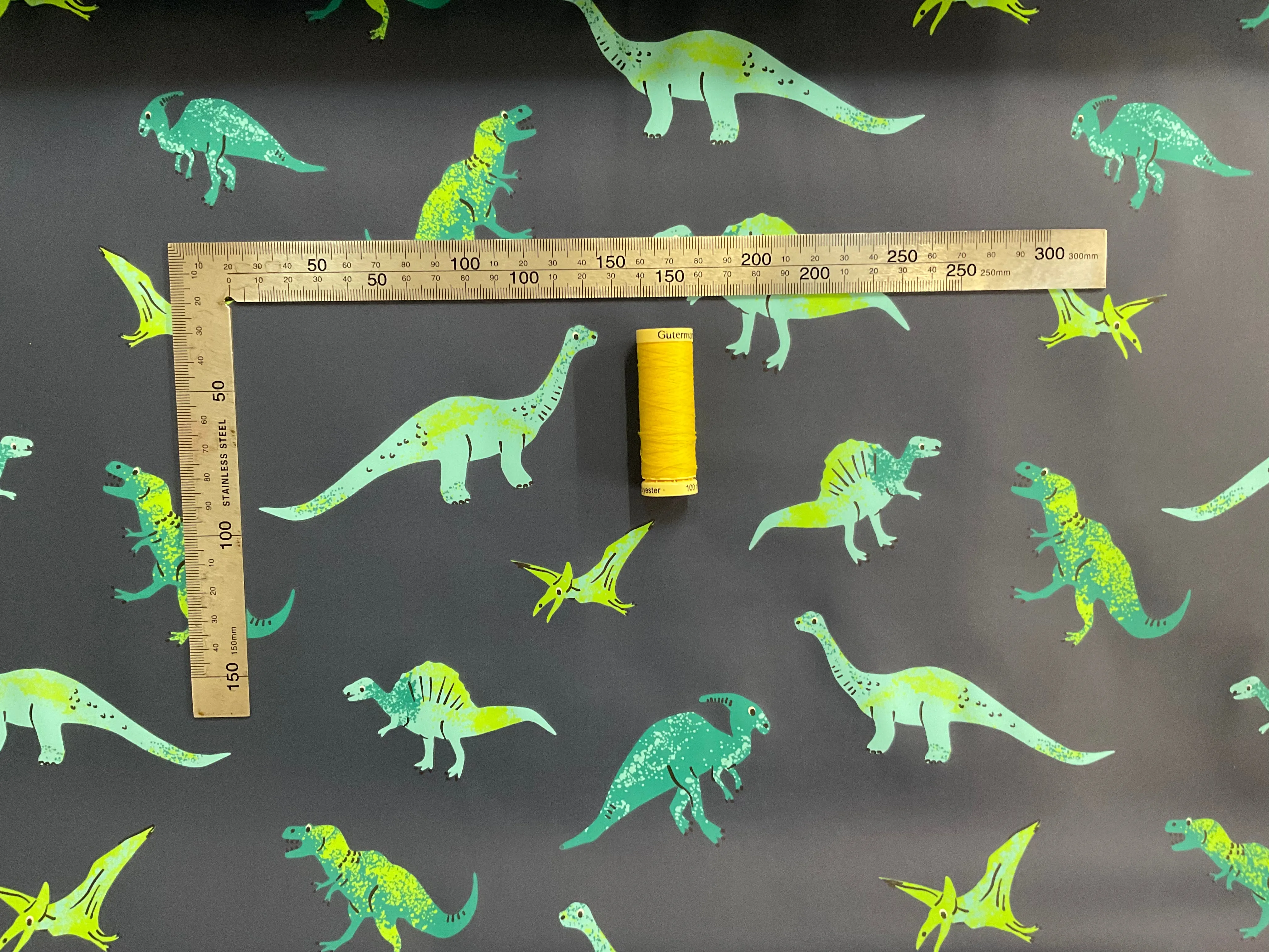 Green Dinos on Denim PU Raincoat Fabric