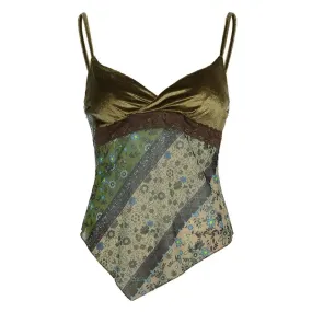 Green Velvet Mesh Patchwork Floral Print Camis Mori Girl Summer V-neck Irregular Tank Top Earthy Y2k Clothes P77-CZ23