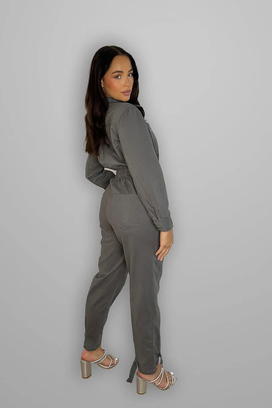 Grey Denim Zippers Details Boiler Jumpsuit