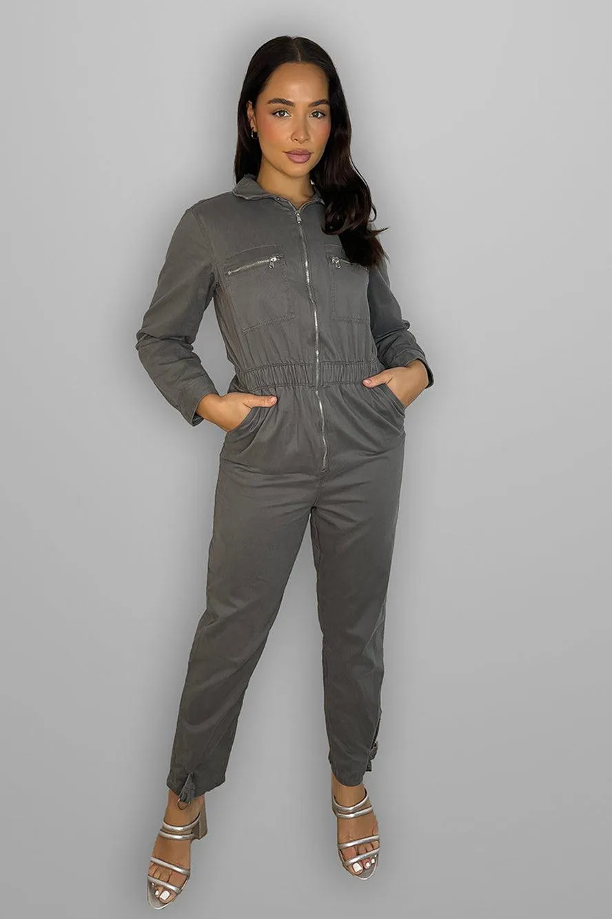 Grey Denim Zippers Details Boiler Jumpsuit